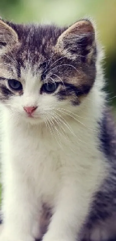 Adorable fluffy kitten on green blurred background.