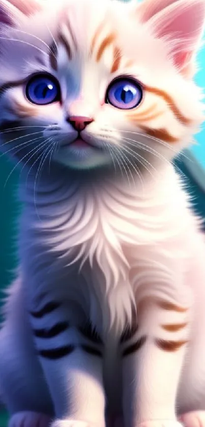 Adorable fluffy kitten with blue eyes and white fur in a teal background.