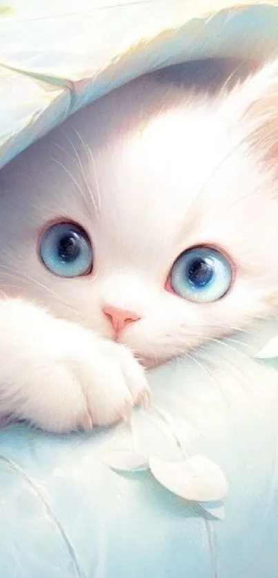 Cute white kitten with blue eyes in a blanket.