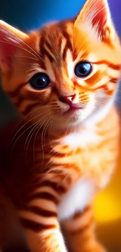 Adorable orange kitten with bright blue eyes against a soft colorful background.