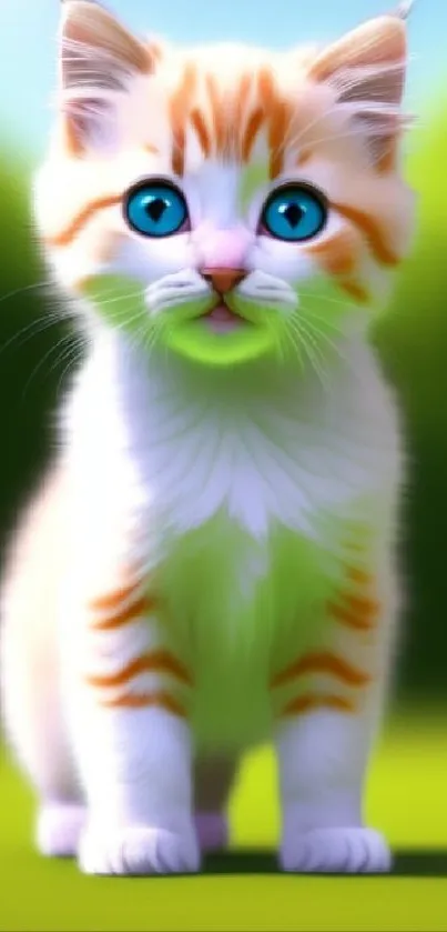 Fluffy kitten with blue eyes on a green background, perfect for mobile wallpaper.