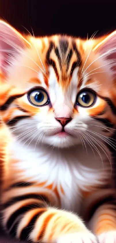 Lifelike kitten with orange stripes and bright eyes on a dark background.