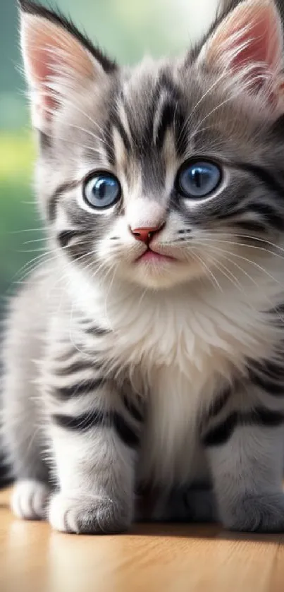 Adorable kitten with blue eyes and fluffy fur on a wooden floor.