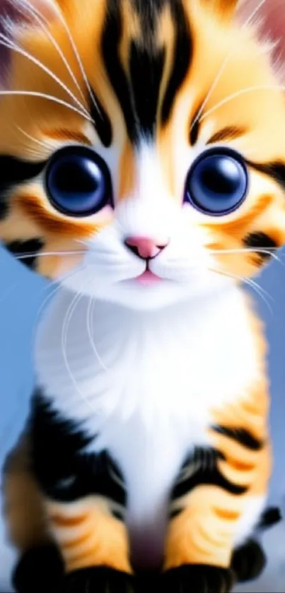 Cartoon tiger-striped kitten with big eyes on a mobile wallpaper.