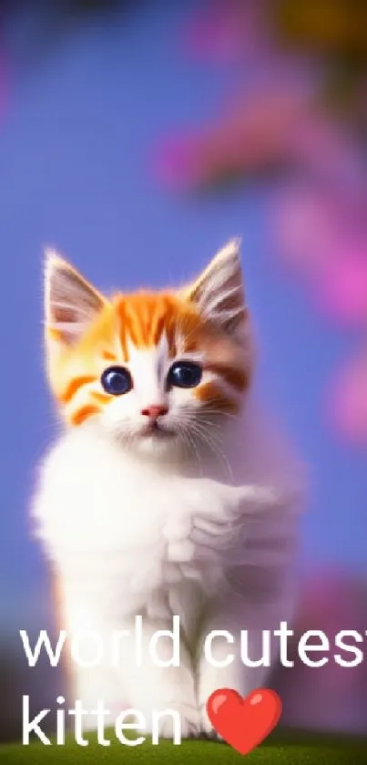 Adorable fluffy kitten on a colorful background with text and heart emoji.