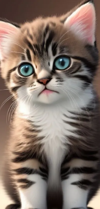 Adorable brown kitten with blue eyes sitting.