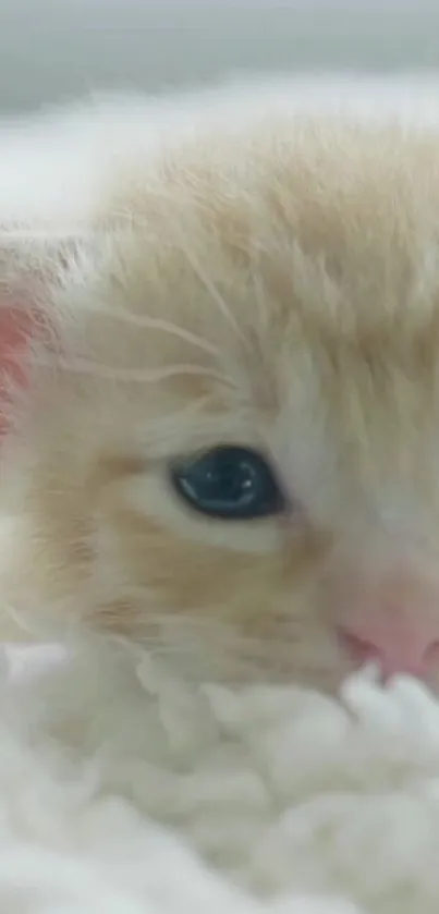 Adorable fluffy kitten lying down in soft focus background.