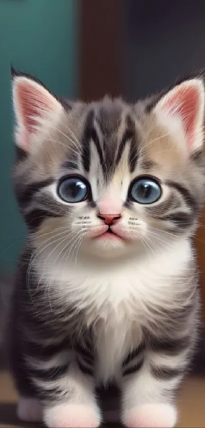 Adorable kitten with blue eyes sitting indoors, soft brown fur.