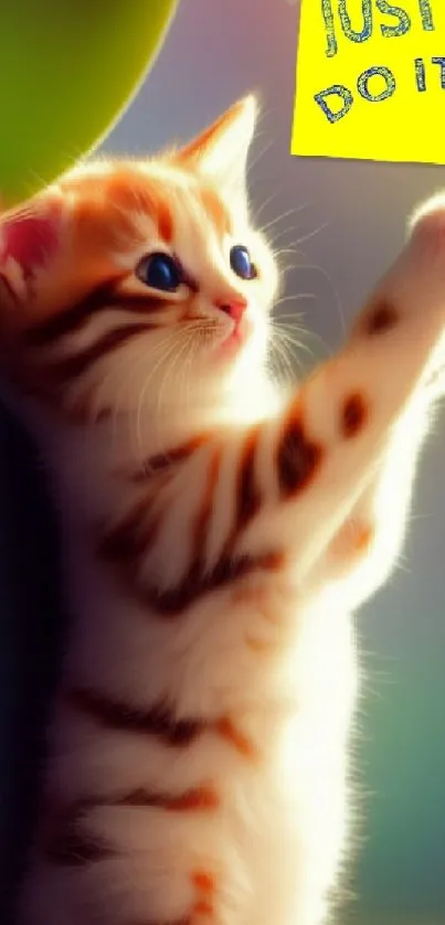 Adorable kitten reaching for a motivational note with 'Just Do It!' message.