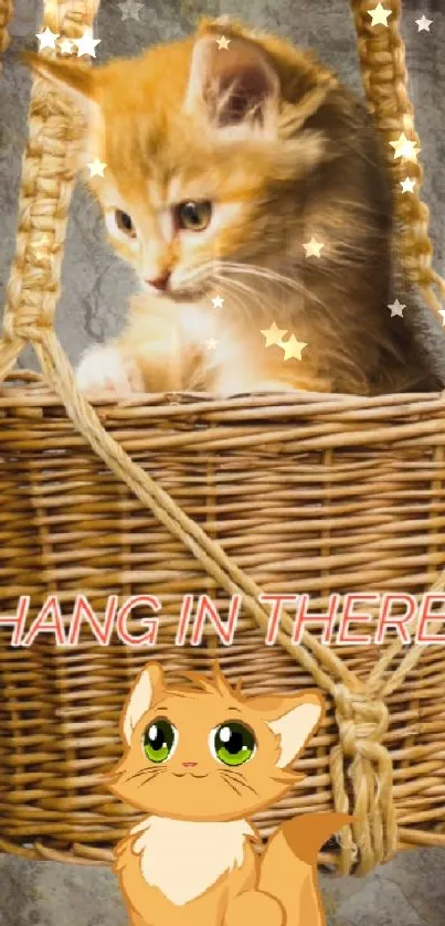 Adorable kitten in basket with motivational text 'Hang in There'.