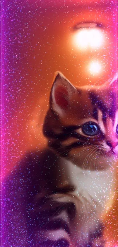 Cute kitten surrounded by a neon pink and orange sparkling glow.