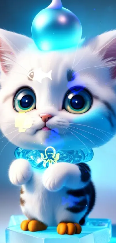 Adorable white kitten with blue eyes on a glowing blue platform.