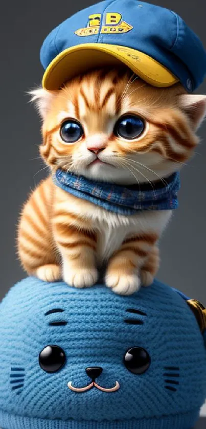 Adorable kitten on plush blue hat, wearing a matching cap.