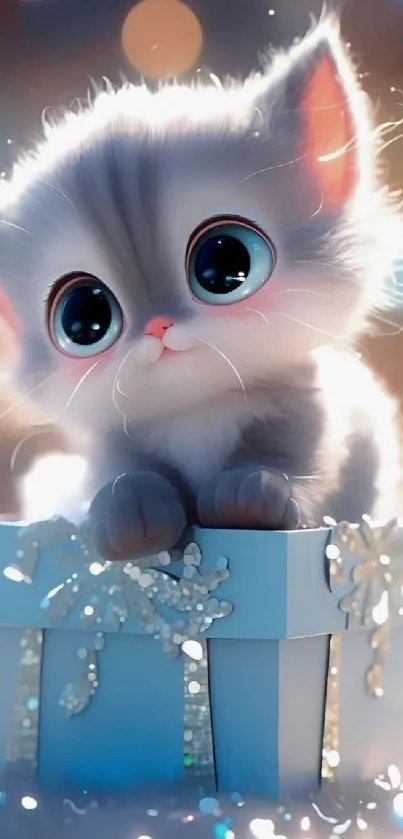 Adorable kitten with big eyes on a gift box, soft blue background.