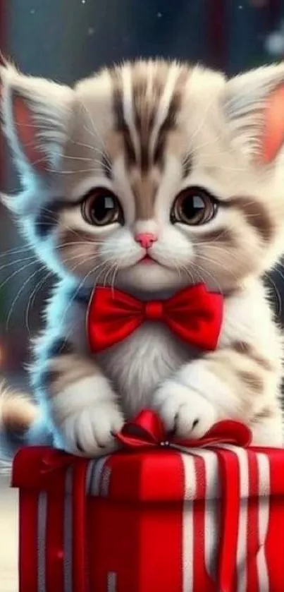 Cute kitten with red bow on a gift box.