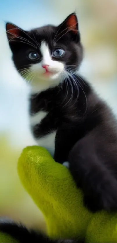 Adorable kitten sitting on a green glove with a blurred background.