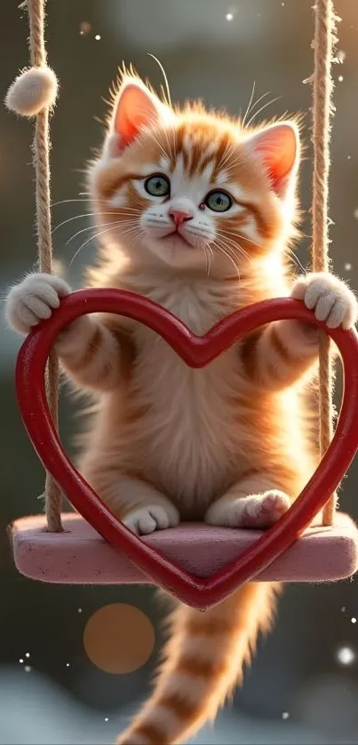 Ginger kitten on a heart-shaped swing with a bokeh background.