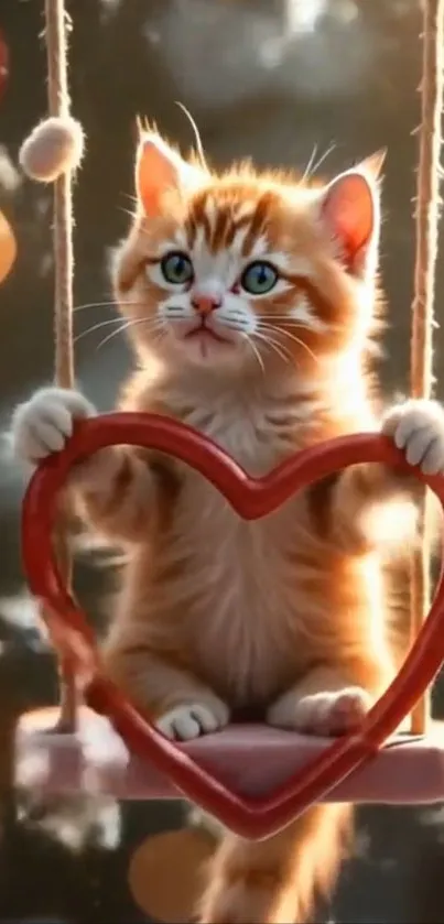 Orange kitten on a heart-shaped swing.