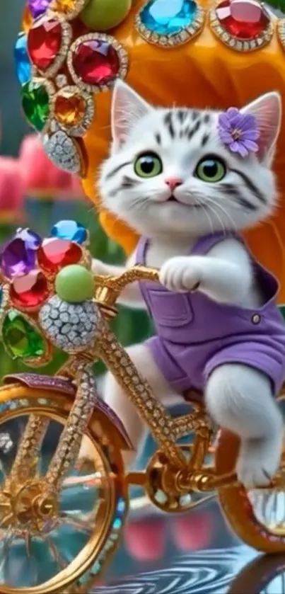 Kitten in purple riding a jewel bicycle with floral backdrop.