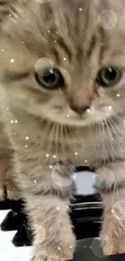 Fluffy kitten on piano keys with sparkles.