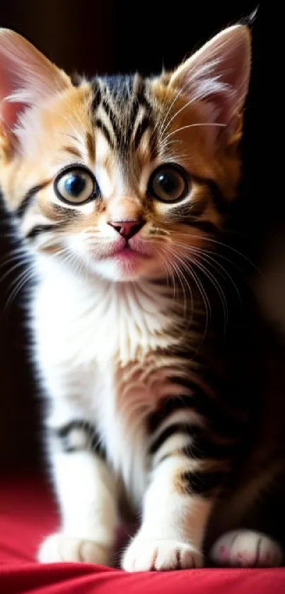 Adorable kitten sitting on a red bed looking curious.