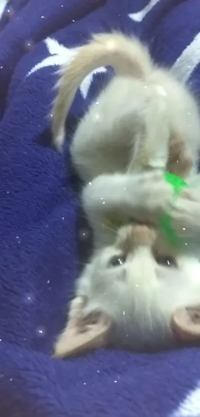 Cute white kitten on a blue blanket playing.