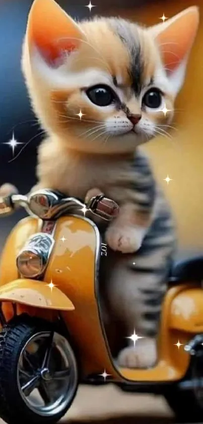 Adorable kitten sitting on a shiny toy scooter with sparkles.