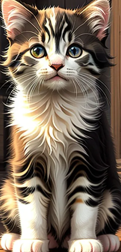 Fluffy black and white kitten sitting on a wooden floor.