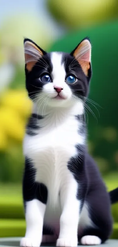 Cute black and white kitten sitting on green grass with colorful background.