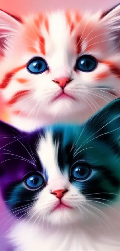 Two adorable kittens with bright blue eyes and colorful background on mobile wallpaper.