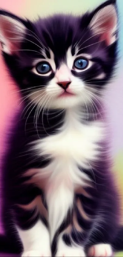 Cute kitten with blue eyes on a pastel background, ideal for a phone wallpaper.