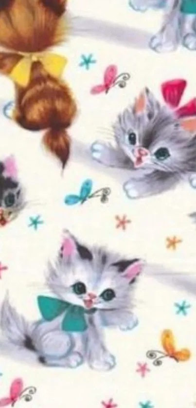 Charming wallpaper with kittens and butterflies on a light background.