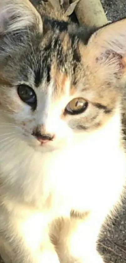 Cute calico kitten sitting outdoors.