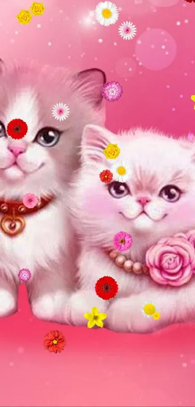 Adorable pink wallpaper with two cute kittens.