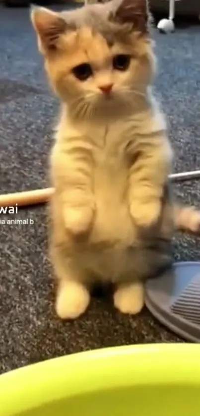 Cute kitten standing on carpet with a playful expression.