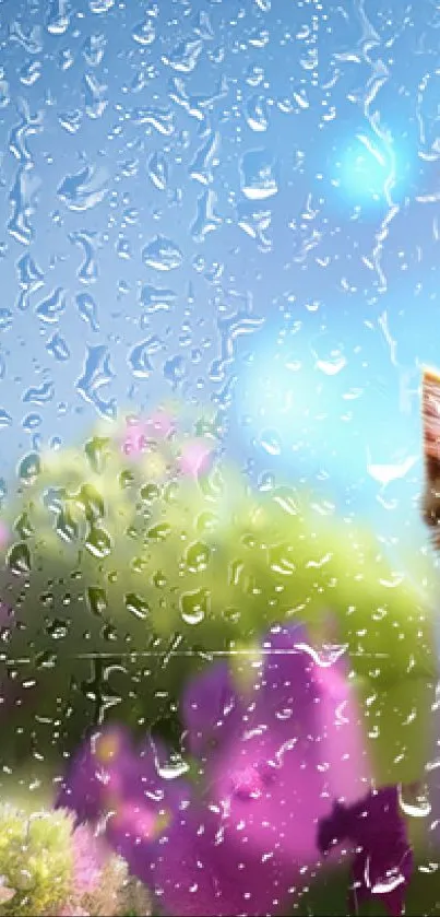 Cute kitten with raindrops on a window, vibrant flowers, and serene sky wallpaper.