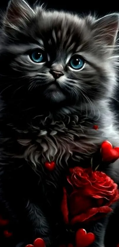 Adorable kitten with red roses and hearts on a black background.