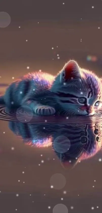 Cute kitten stares at its reflection on water in a magical phone wallpaper.