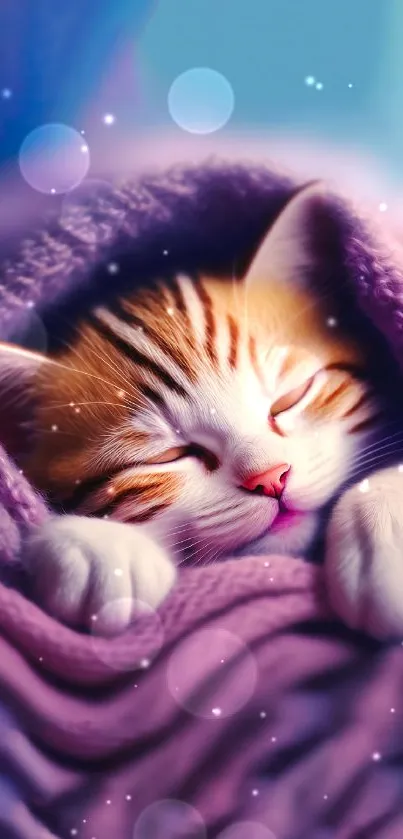 Sleeping kitten wrapped in a soft purple blanket