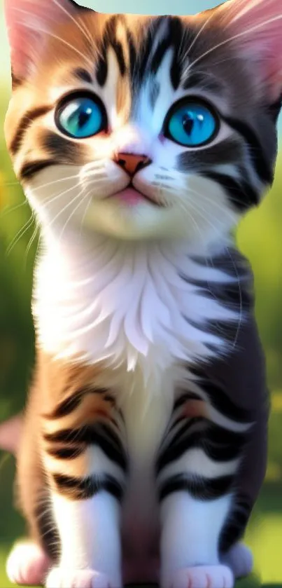 Adorable kitten with blue eyes in a spring flower field.