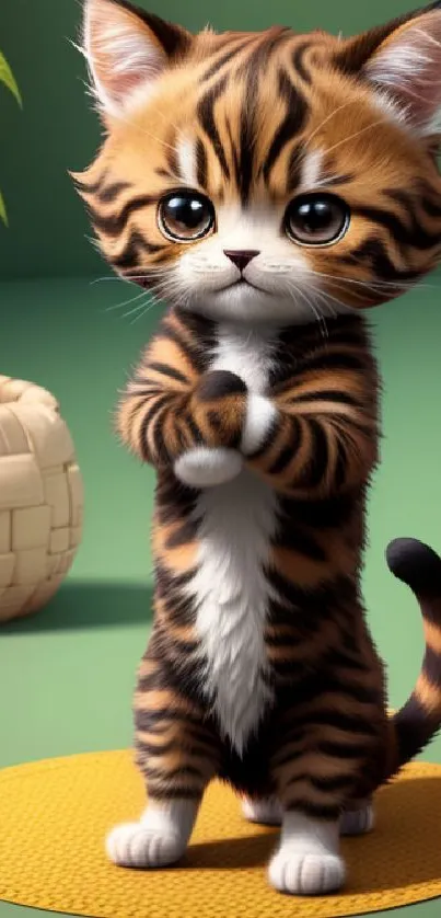 Cute tiger-striped kitten standing on a yellow mat with a green background.