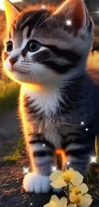 Adorable kitten standing near yellow flowers at sunset in a green meadow.