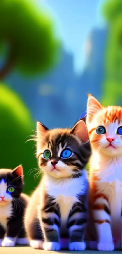 Three adorable kittens in a vibrant green setting, perfect wallpaper for cat lovers.