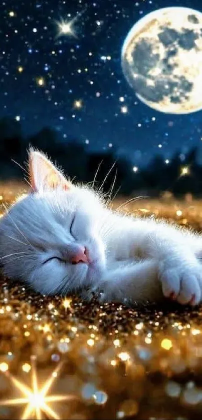 Kitten sleeping under a starry night with a full moon.