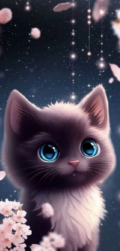 Cute kitten with blue eyes under a starry night sky and cherry blossoms.