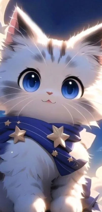 Cute kitten with blue eyes and a starry scarf under a moonlit sky.