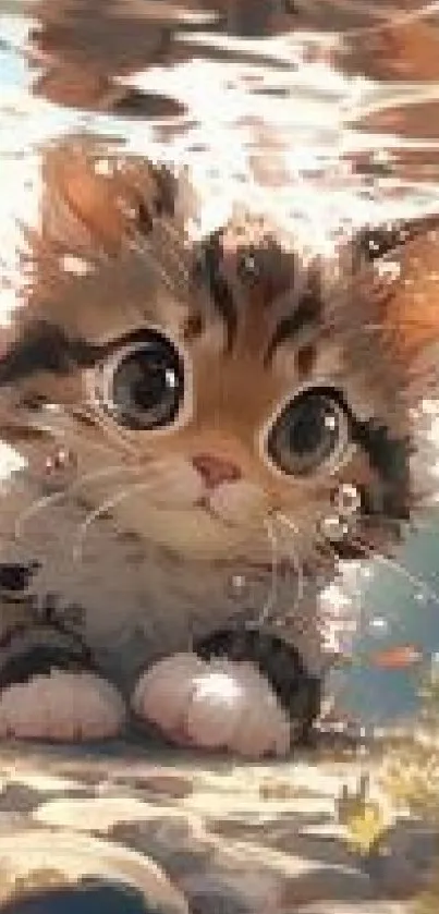 Adorable kitten submerged underwater with large eyes in a vibrant scene.