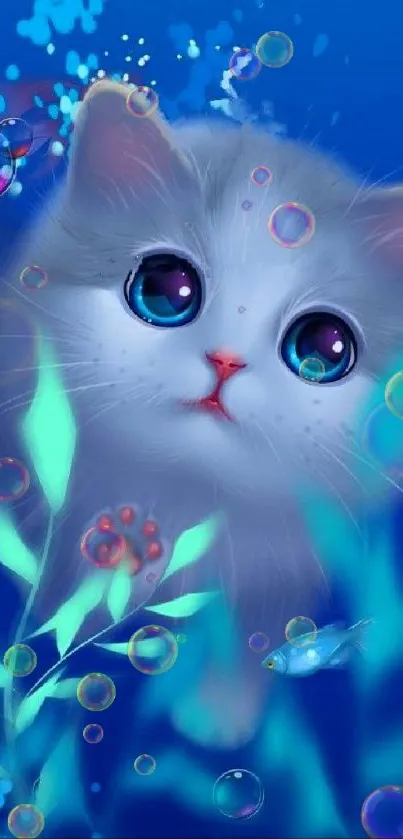 Adorable kitten exploring underwater world in bright, vibrant colors.