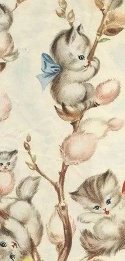 Vintage wallpaper of cute kittens with bows on a soft beige background.