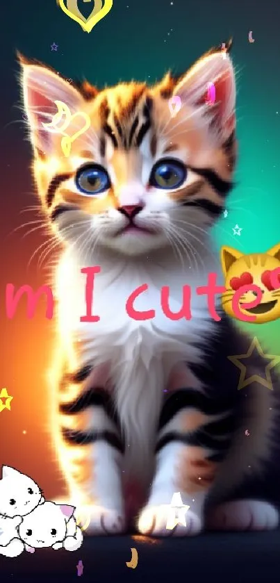 Cute kitten with vibrant colors and playful text.